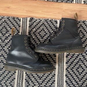 Dr. Martens Black Leather Lace-Up Combat Boots with Yellow Stitching